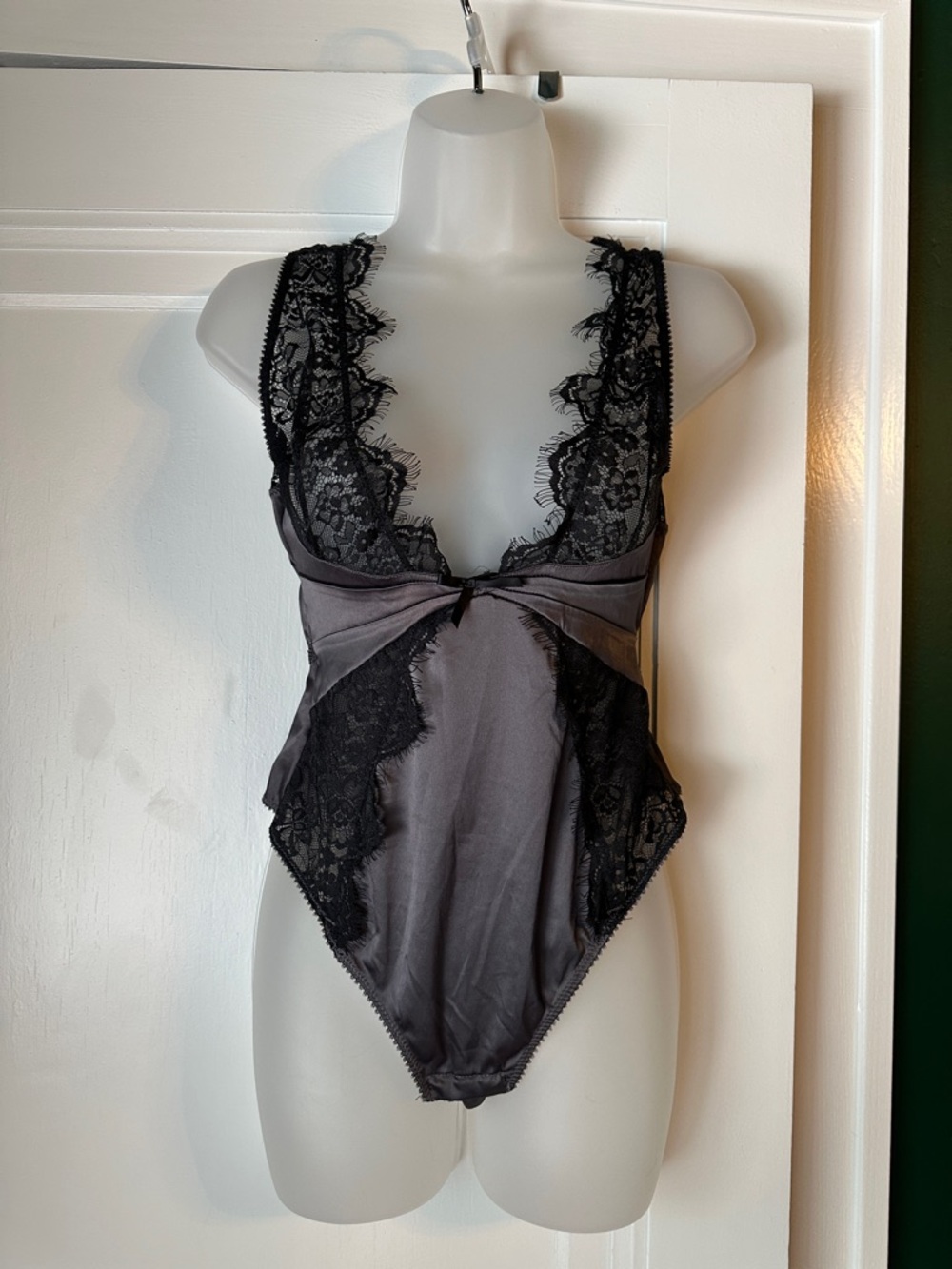 Fashion Nova Charcoal Gray Satin Lace Teddy Bodysuit